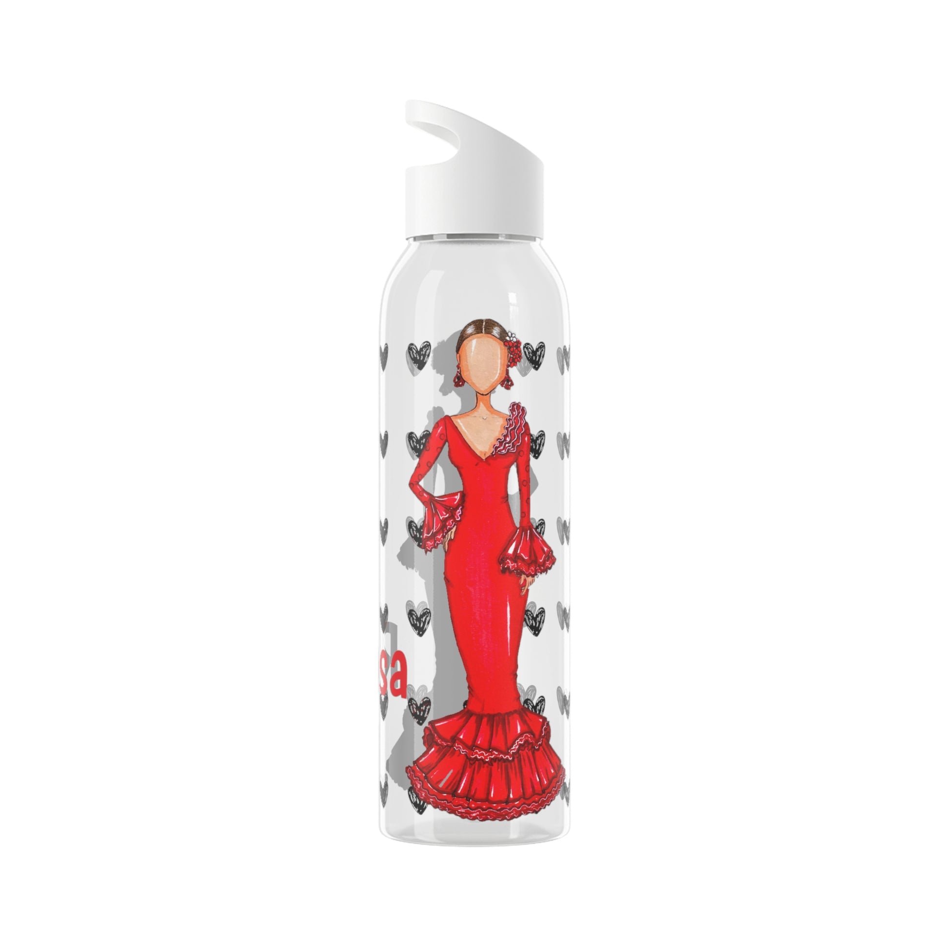 Flamenco Dancer 22 Oz/650ml Eastman Tritan™ Single wall bottle, red dress with black hearts design. - IllustrArte