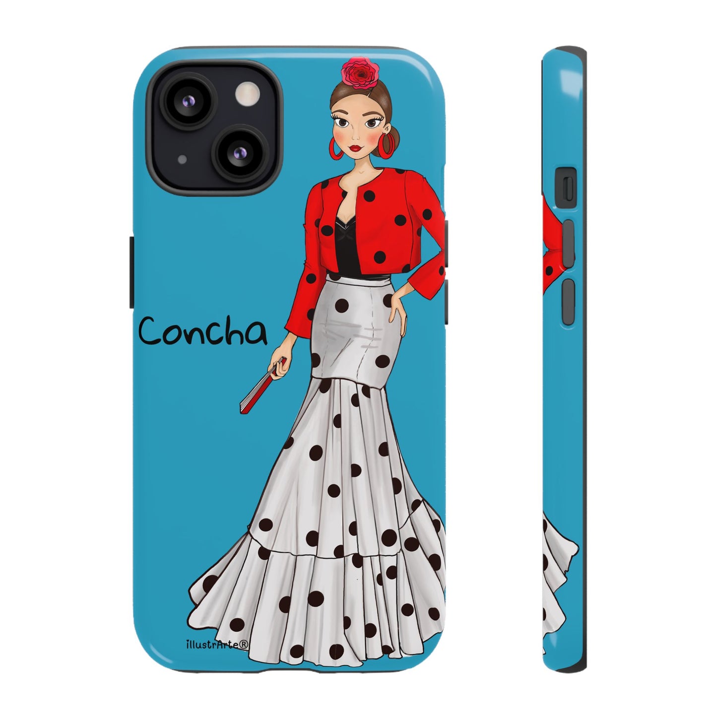 Funda de teléfono con diseño de flamenca, Modelo Conchita fondo azul, ideal para proteger tu cámara.