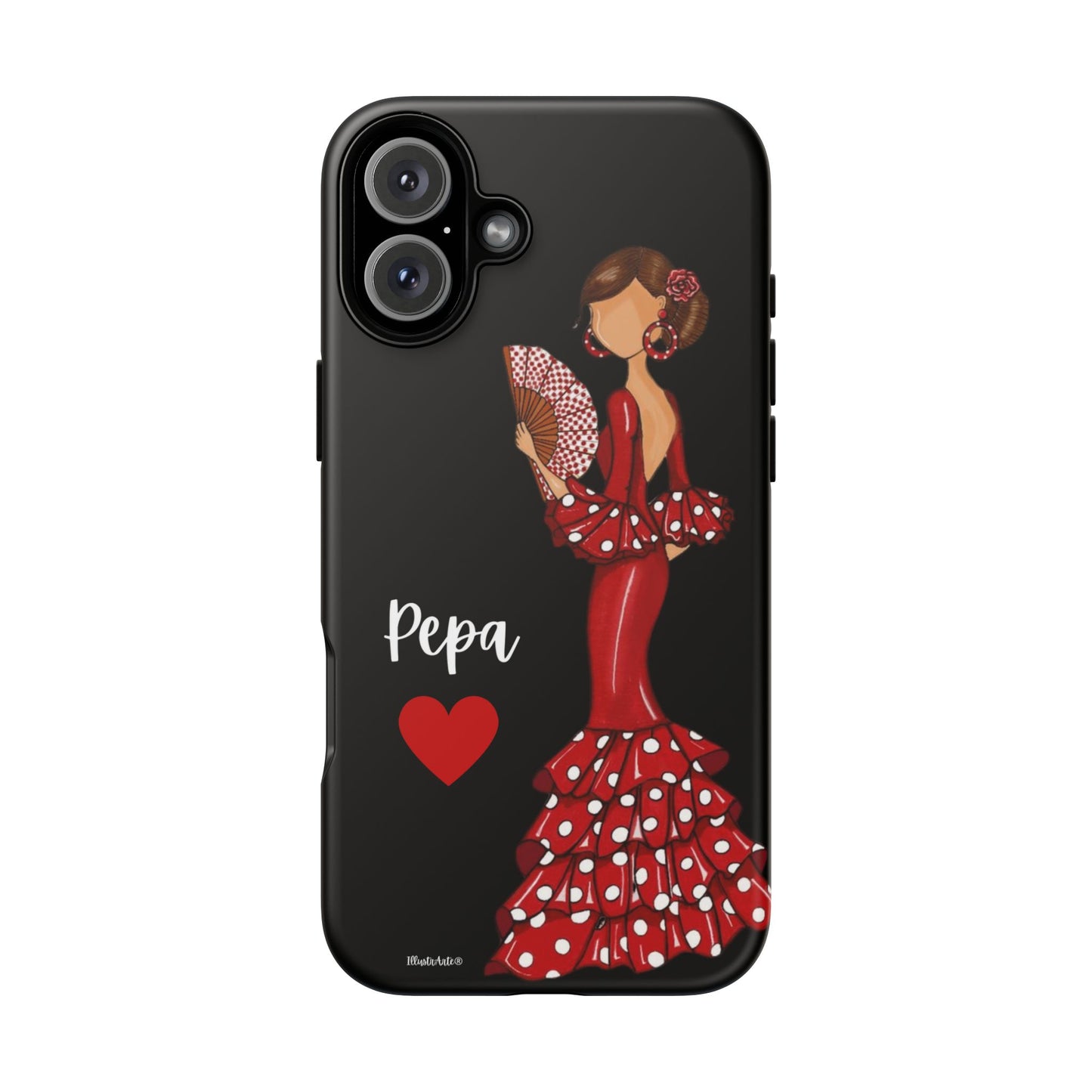 una funda de teléfono con una mujer en un vestido rojo