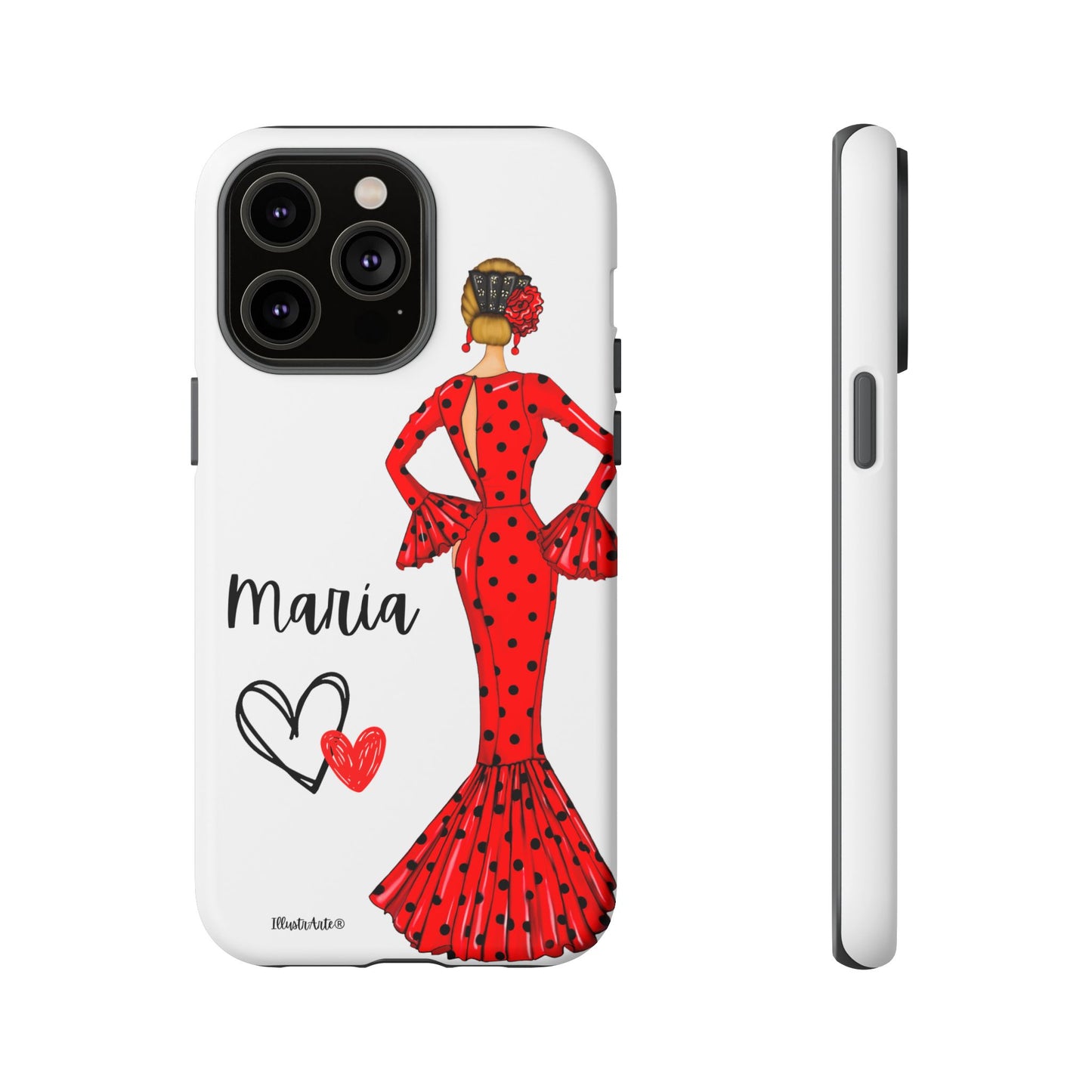 una funda de teléfono con una mujer en un vestido rojo