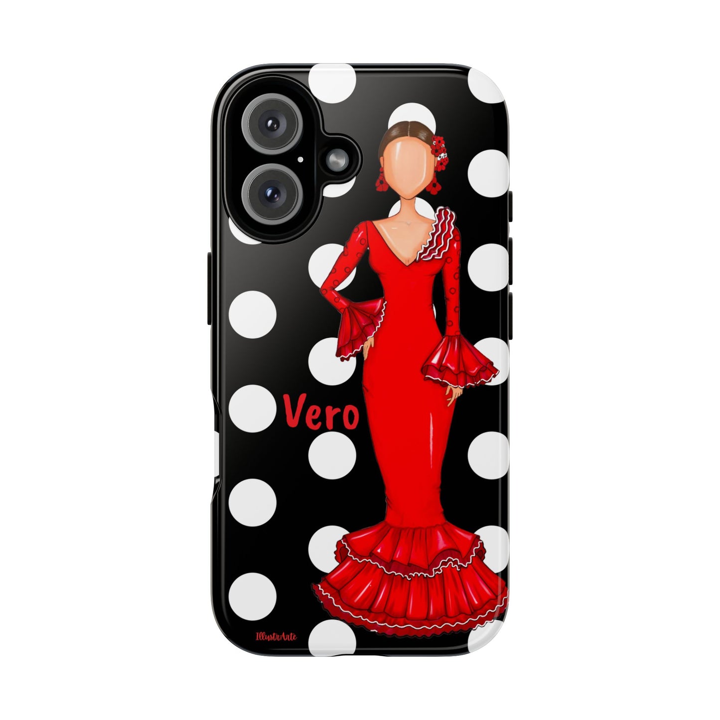 una funda de celular con una mujer en un vestido rojo