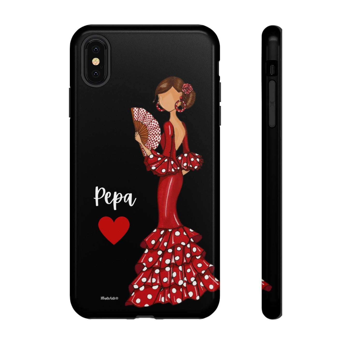 una funda de teléfono con una mujer en un vestido rojo