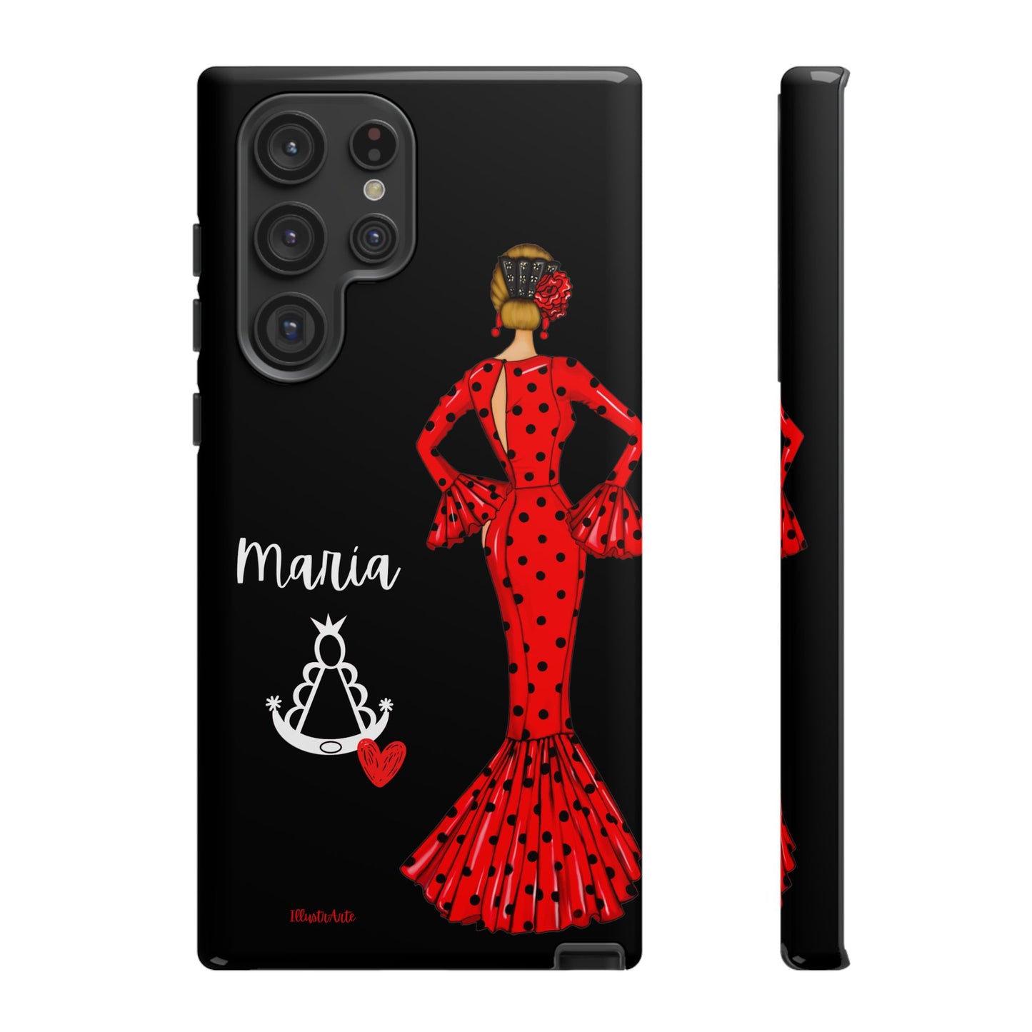 una funda de teléfono con una mujer en un vestido rojo