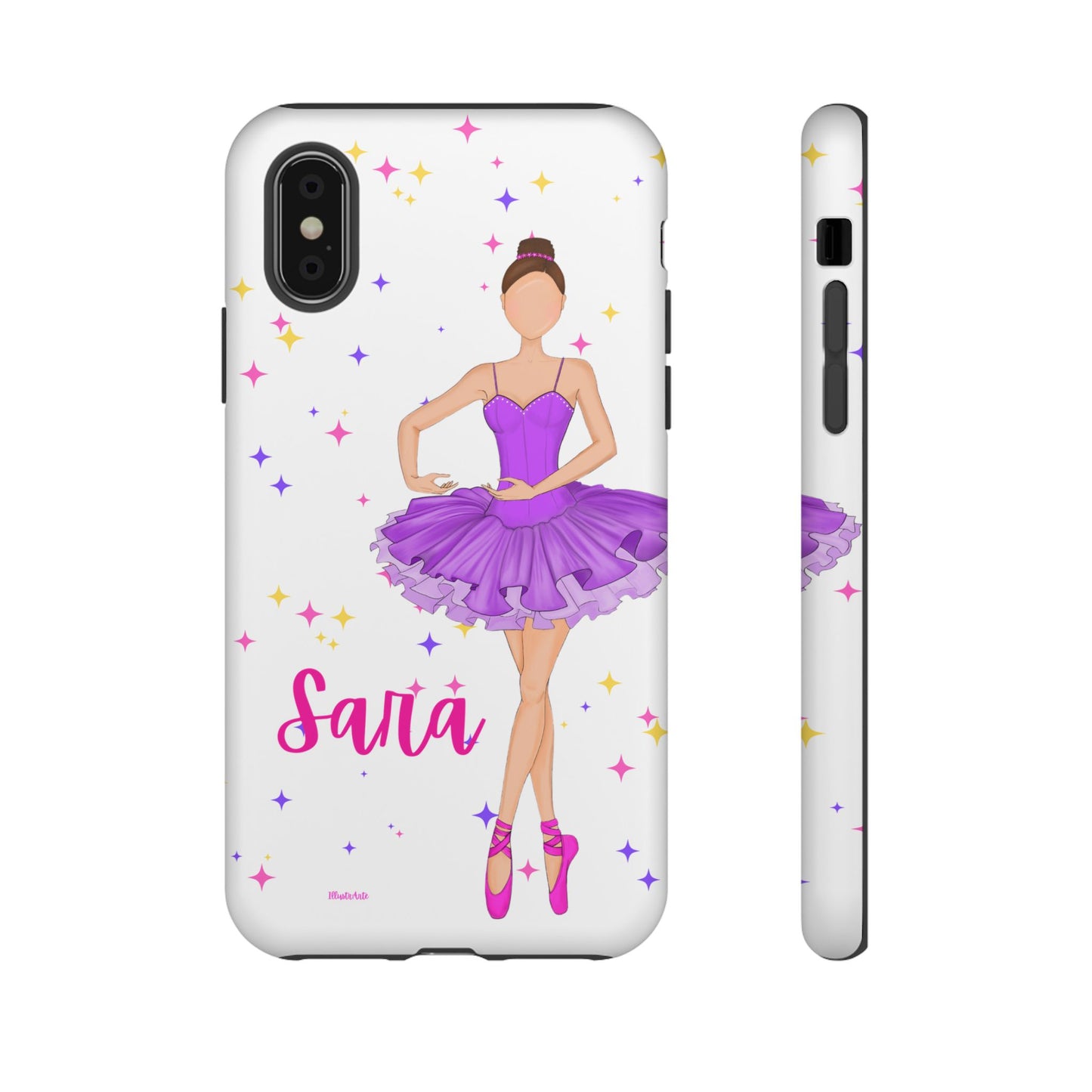 una funda de teléfono con una bailarina púrpura en ella