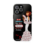 Personalised phone case flamenco dancer Pepa, white dress, with quote for iPhone 16 Pro Max, gloss finish – illustrArte
