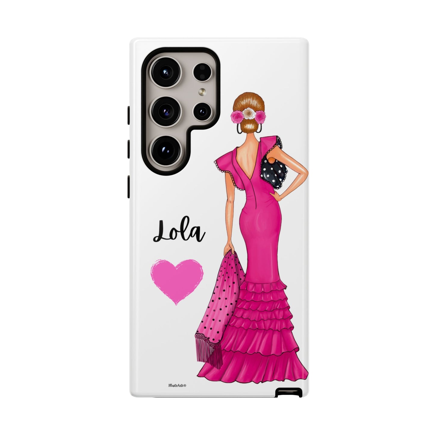 Funda de teléfono personalizable con nombre/bandera/Virgen - Modelo Manuela vestido rosa siendo la elección perfecta.