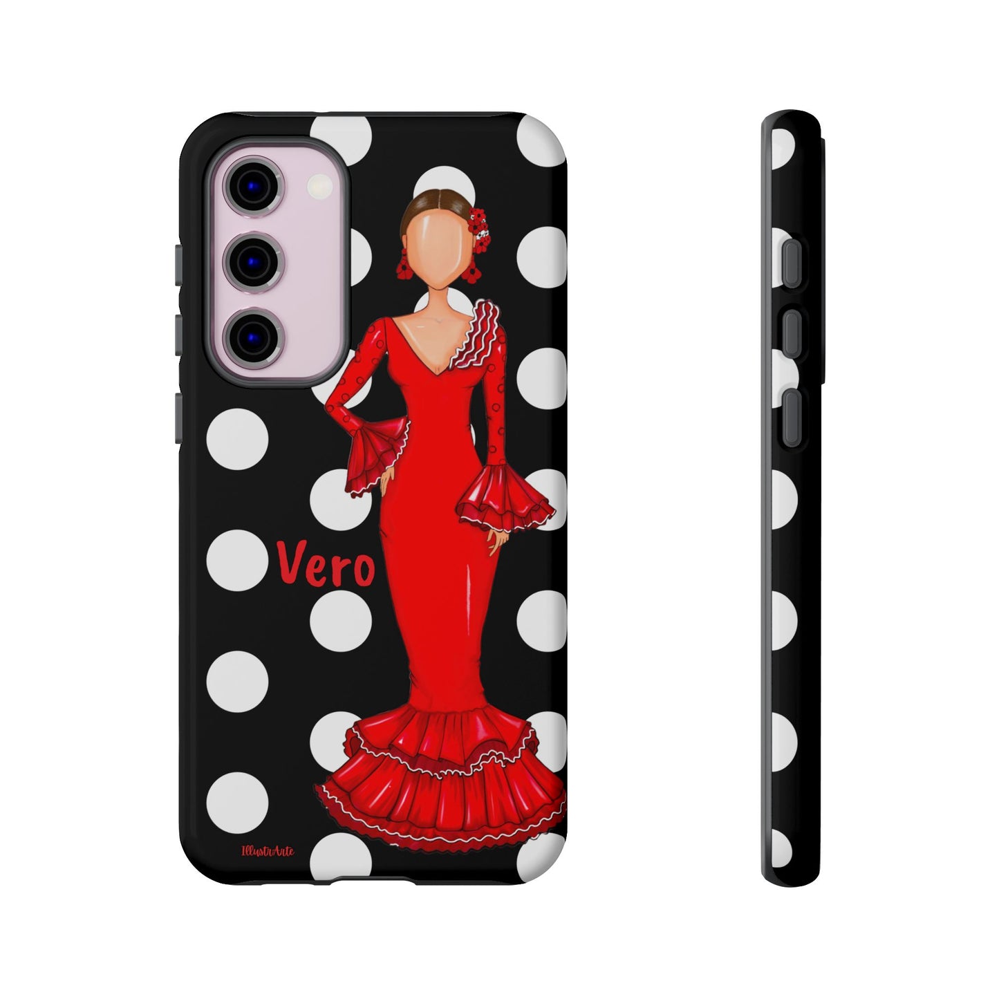 una funda de celular con una mujer en un vestido rojo