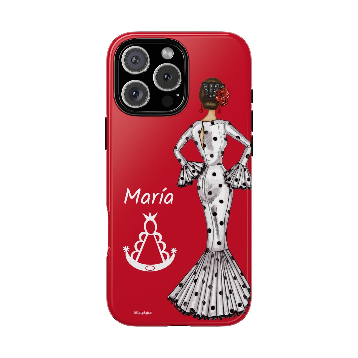 una funda de teléfono roja con una imagen de una mujer en un vestido de lunares