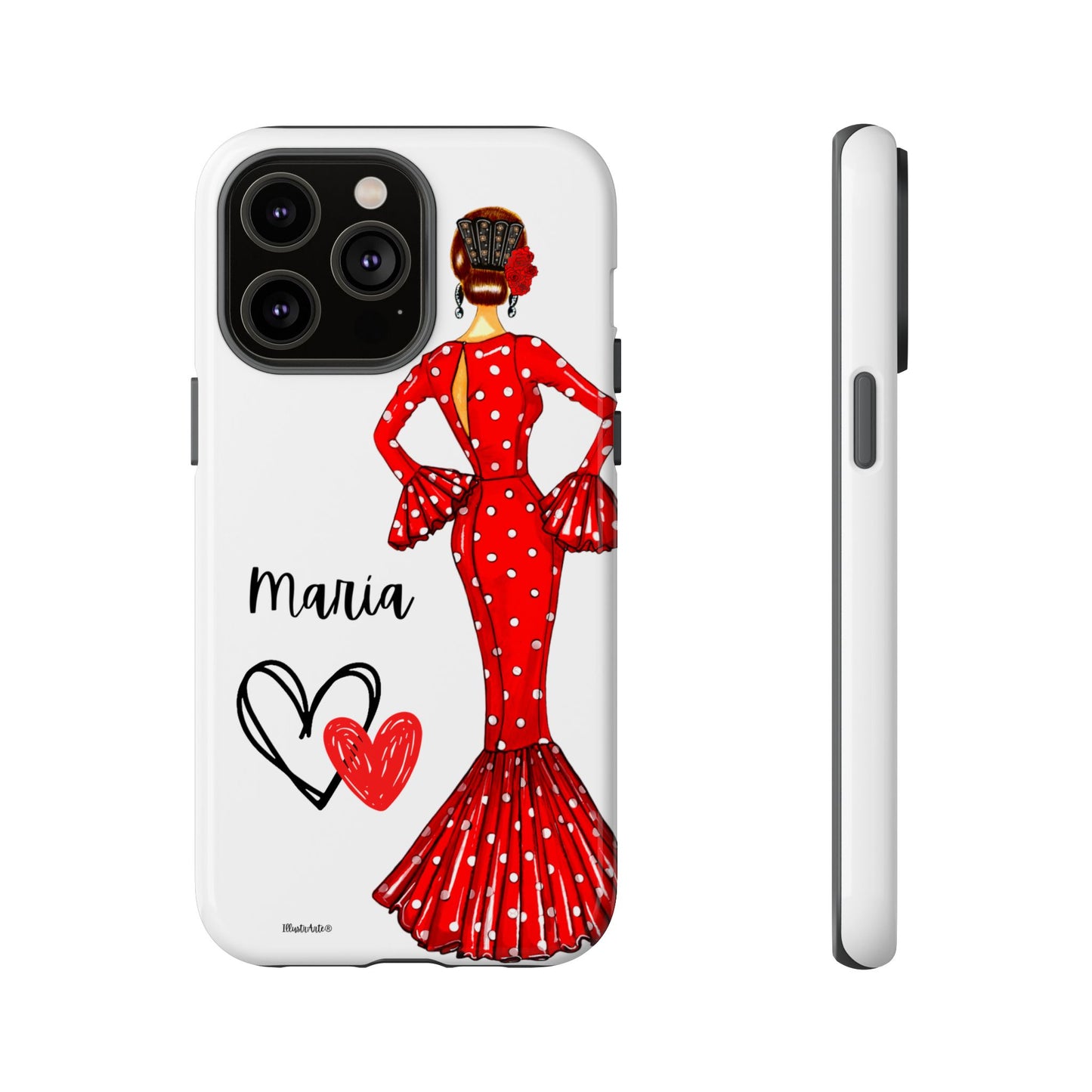 una funda de teléfono con una mujer en un vestido rojo