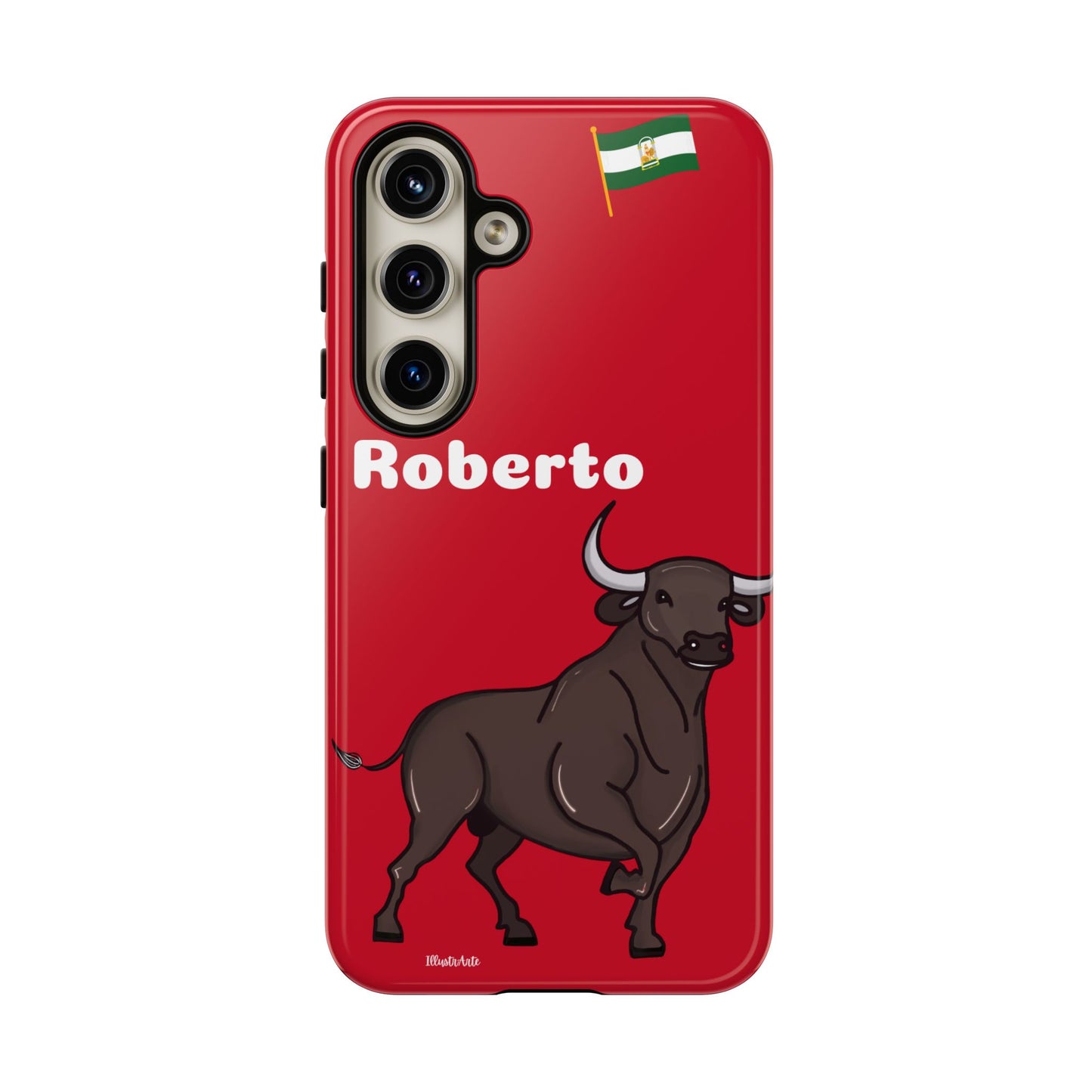 una funda de teléfono roja con un toro en ella