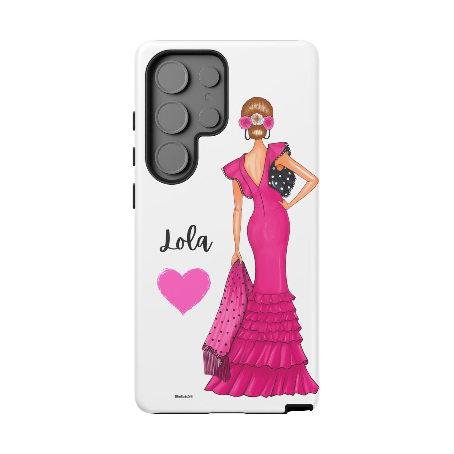 Funda de teléfono personalizable con nombre/bandera/Virgen - Modelo Manuela vestido rosa que destaca en la multitud.