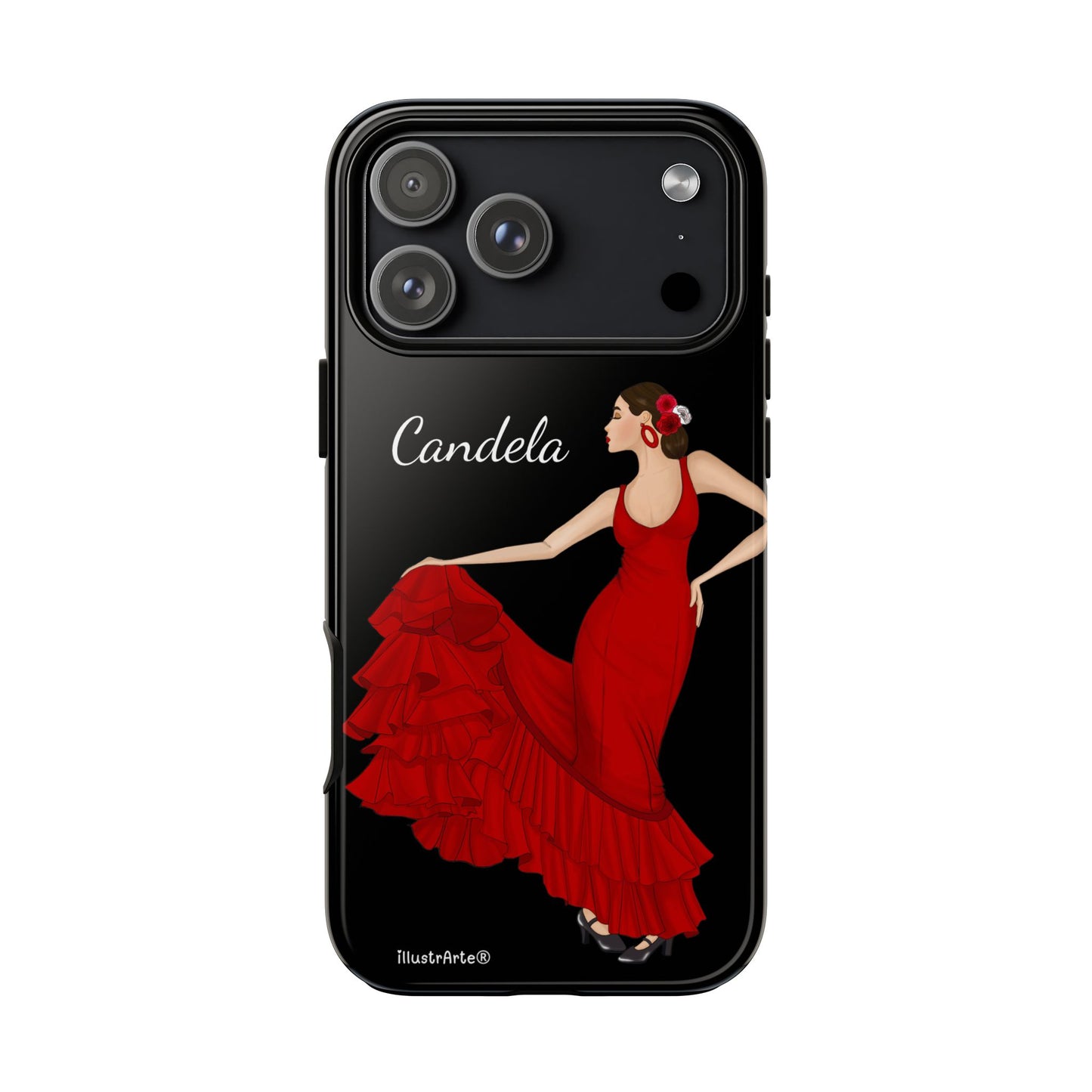 Capa de telefone personalizável. Modelo Candela com fundo preto. Para iPhone, Samsung Galaxy S e Google Pixel. 