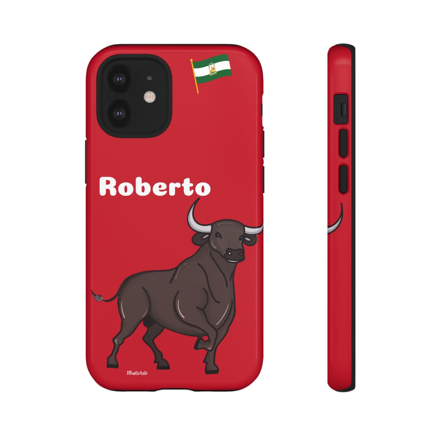 una funda de teléfono roja con un toro en ella