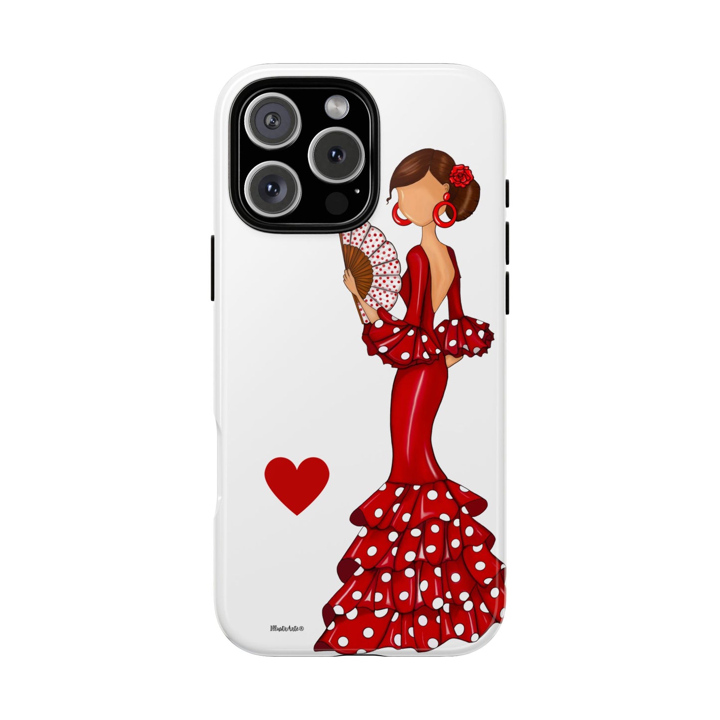 una funda de teléfono con una mujer en un vestido rojo