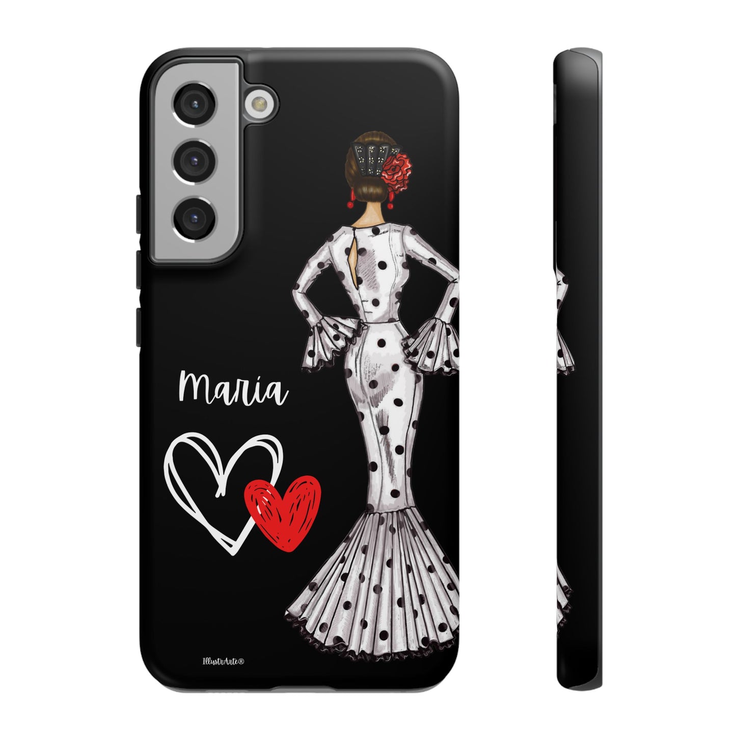 una funda de teléfono con una mujer en un vestido y un corazón