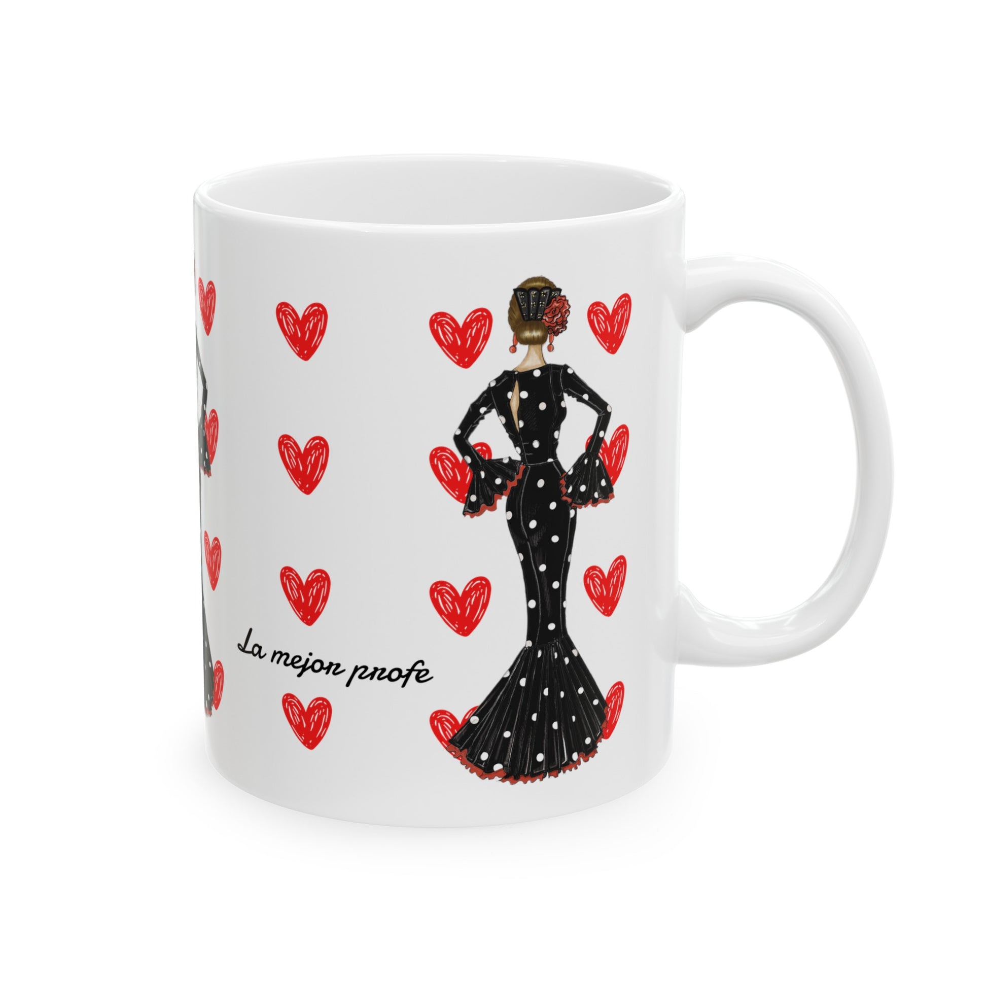 a white coffee mug with a woman in a black dress and hearts on it