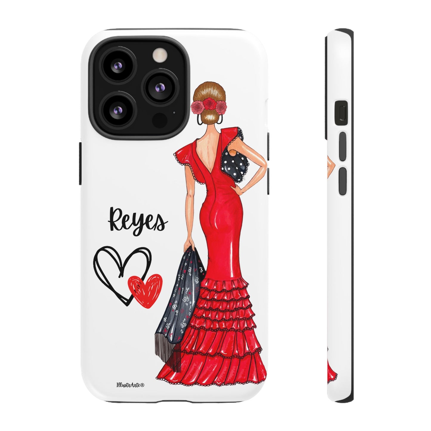 una funda de teléfono con una mujer en un vestido rojo