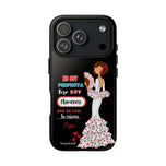 Personalised phone case flamenco dancer Pepa, white dress, with quote for iPhone 17 Pro, gloss finish – illustrArte