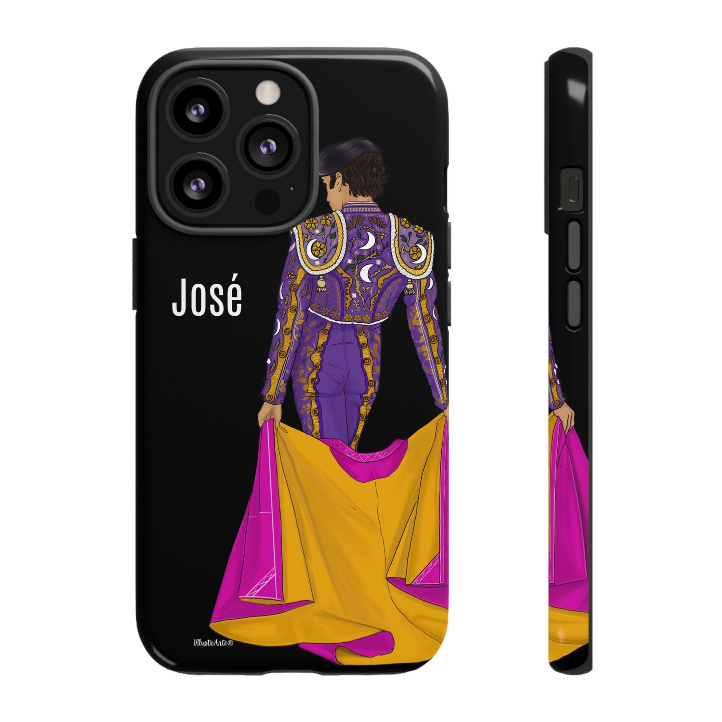 una funda de teléfono con una imagen de una mujer en un traje morado y amarillo