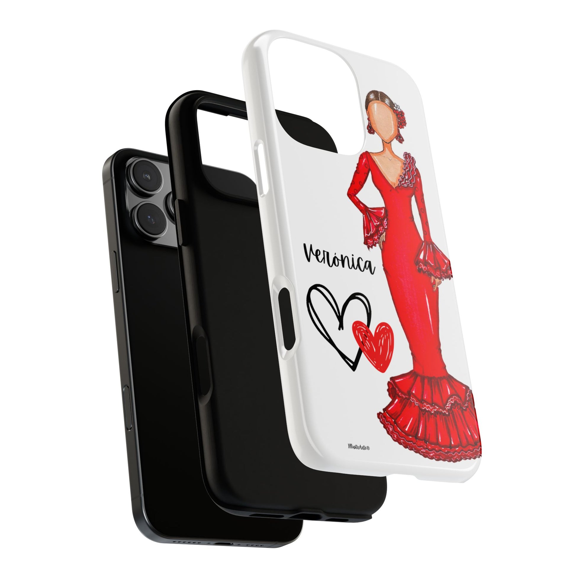 una funda de teléfono con una imagen de una mujer en un vestido rojo