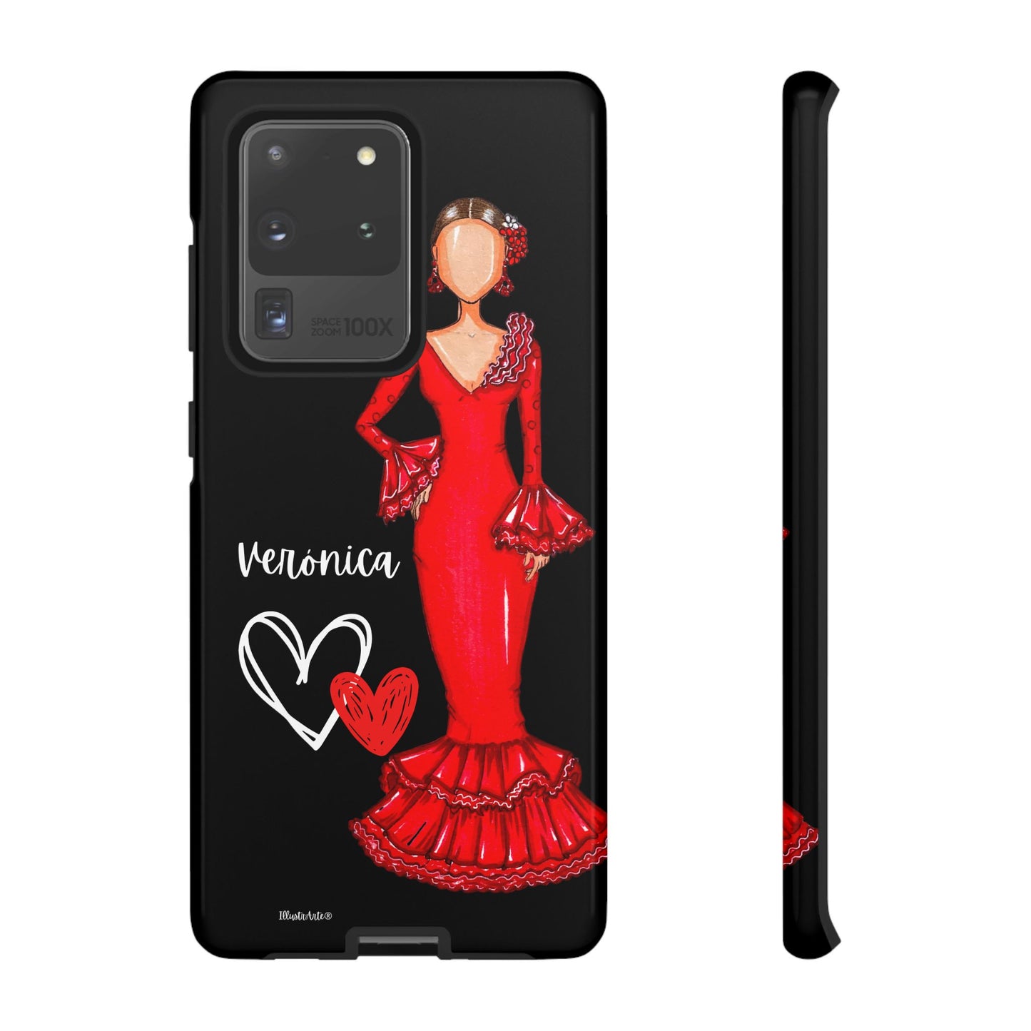 una funda de teléfono con una imagen de una mujer con un vestido rojo