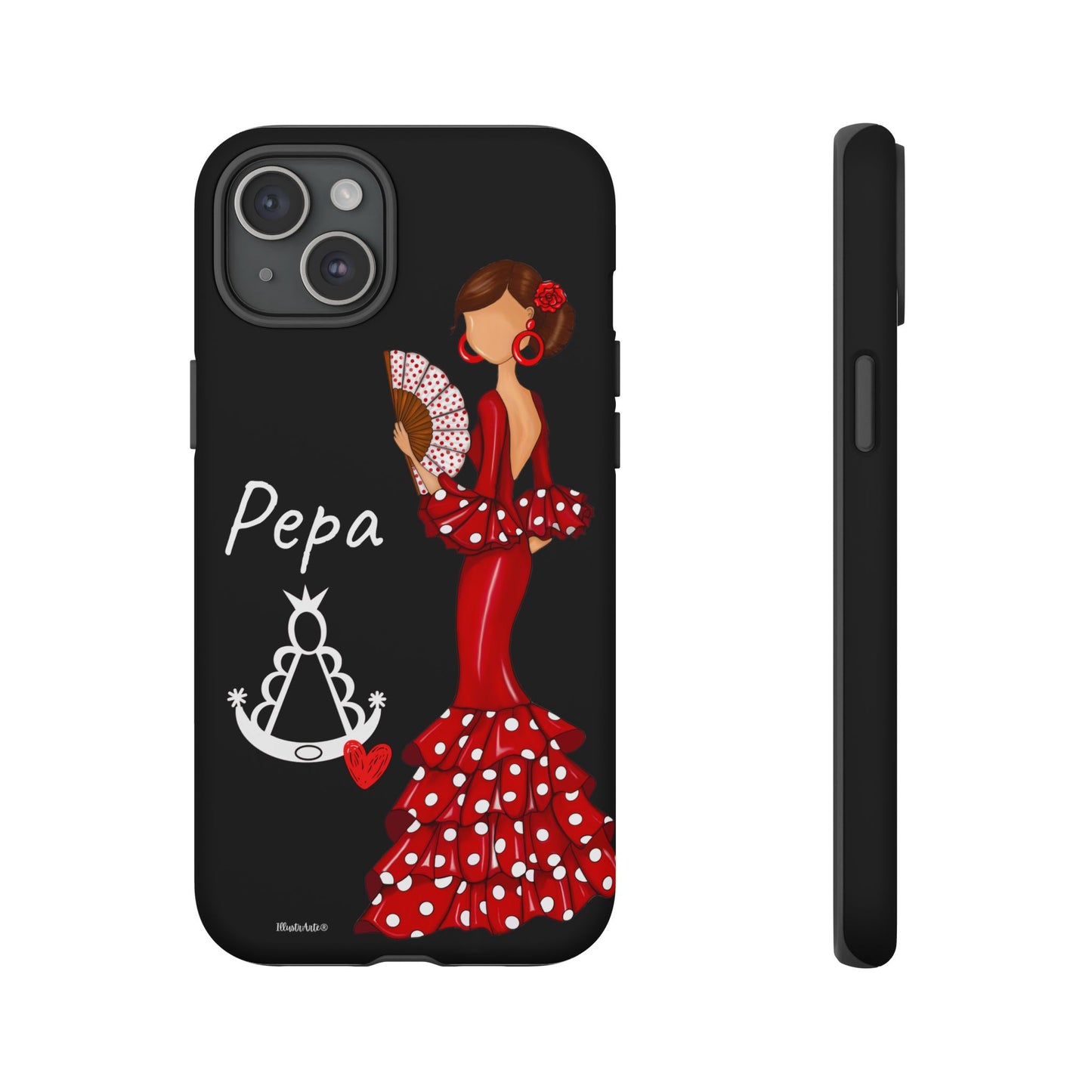 una funda de teléfono con una mujer en un vestido rojo