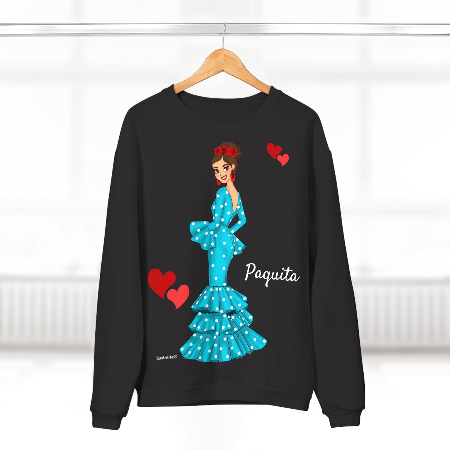 Sudadera Personalizable  - Flamenca Paquita, fondo negro - Arte, color y comodidad en una sola prenda