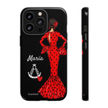 Personalised phone case flamenco dancer María, dark hair, with a little Virgin Mary for iPhone 13 Pro, gloss finish – illustrArte