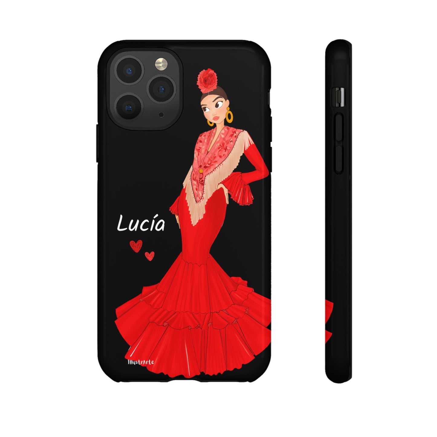 una funda de teléfono con una mujer en un vestido rojo