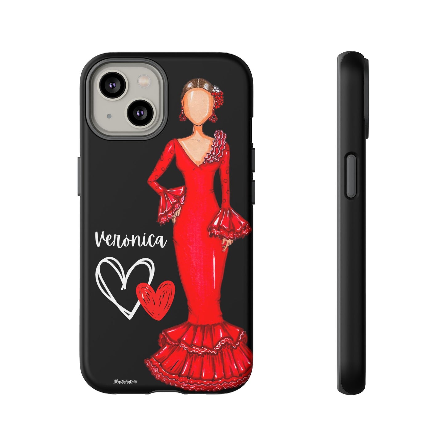 una funda de teléfono con una mujer con un vestido rojo