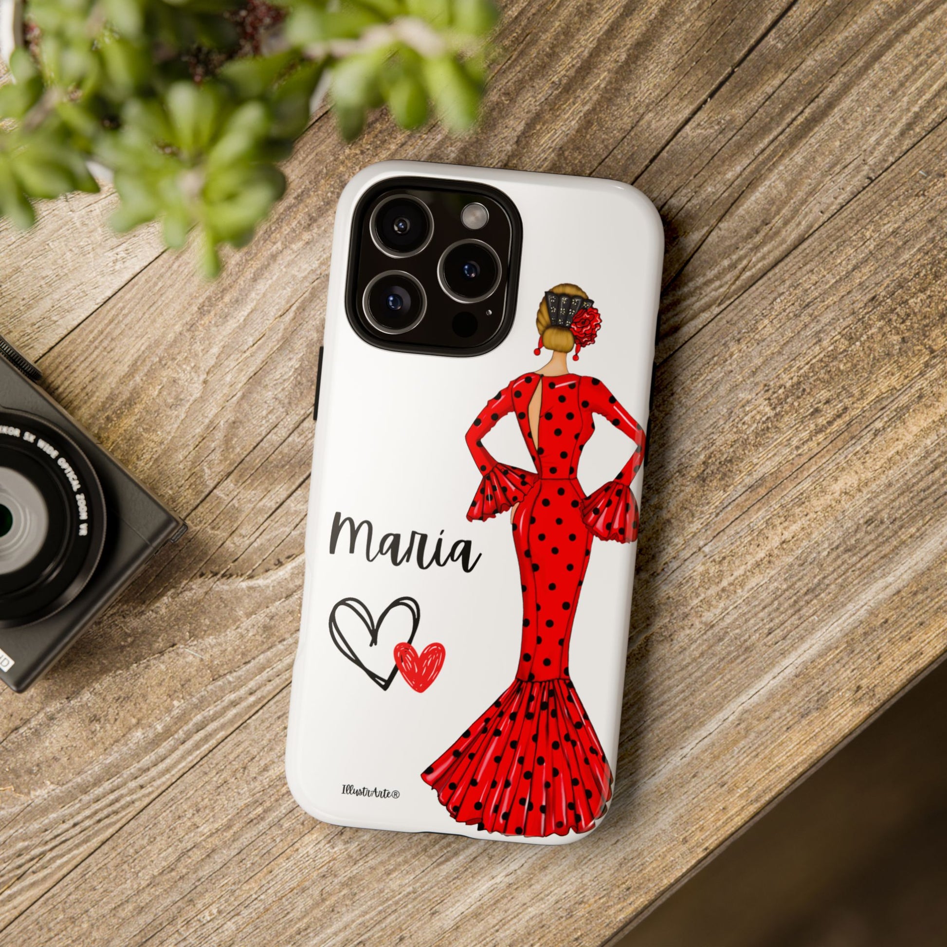 una funda de teléfono con una imagen de una mujer en un vestido rojo