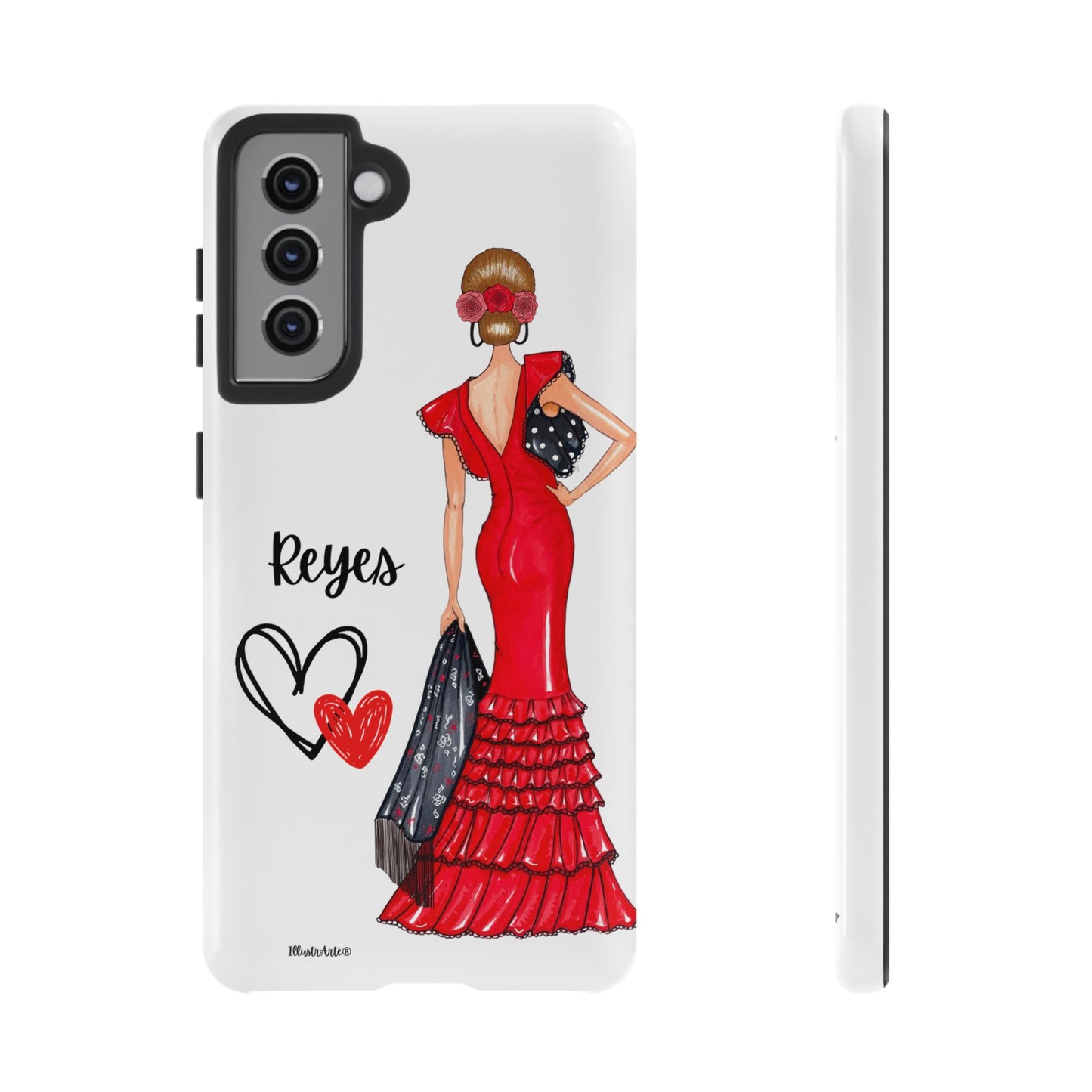 una funda de teléfono con una mujer en un vestido rojo