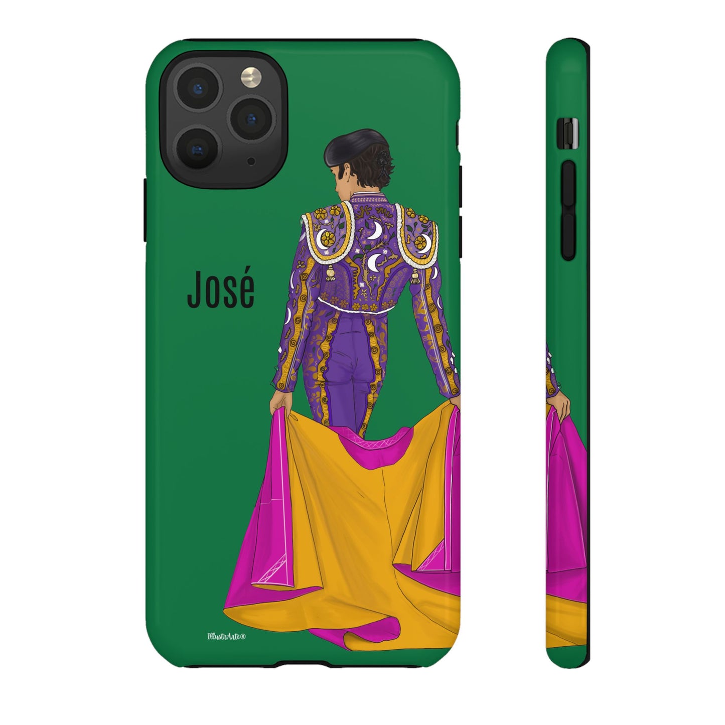 una funda de teléfono verde con una imagen de un hombre en un atuendo púrpura y amarillo