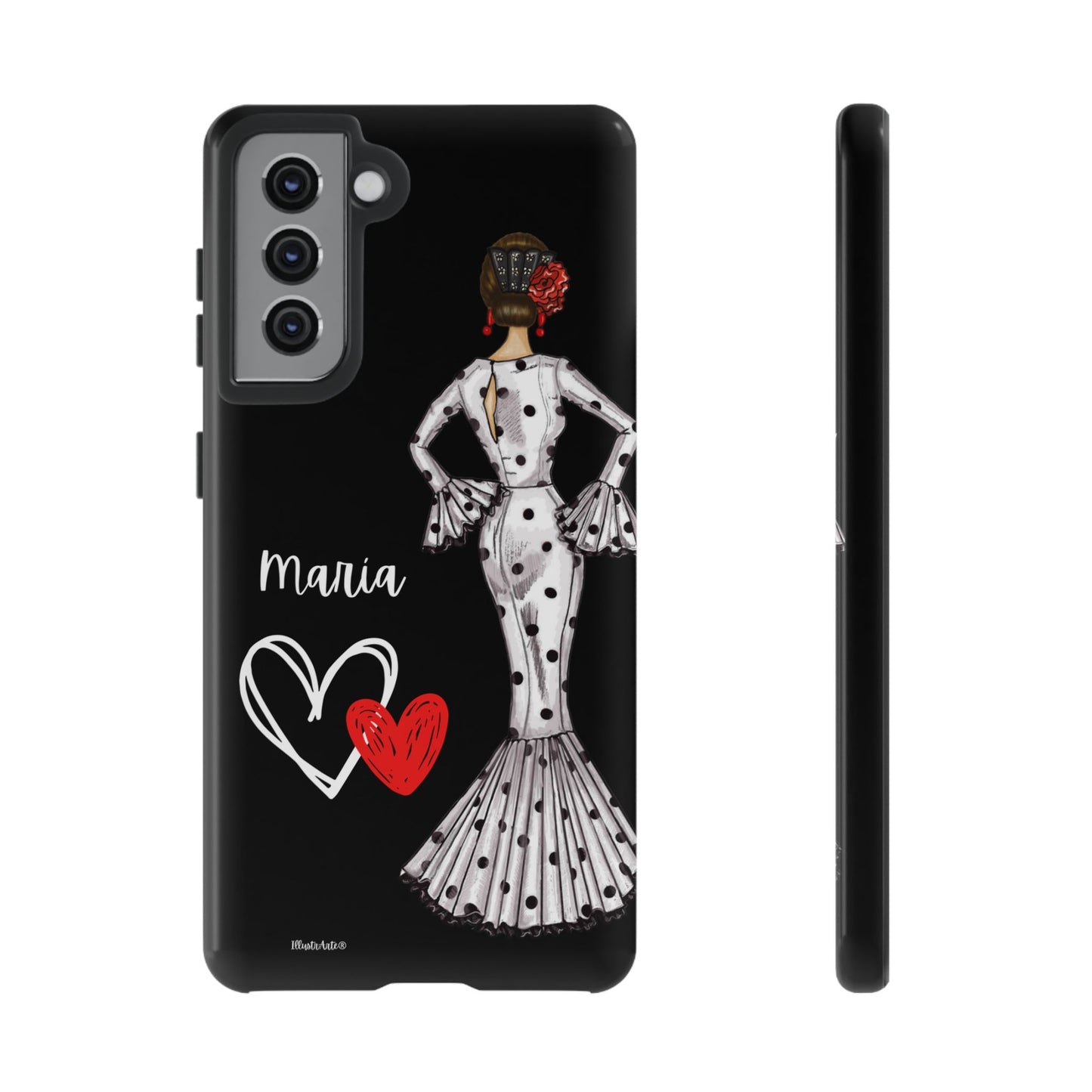 una funda de teléfono con un dibujo de una mujer en un vestido