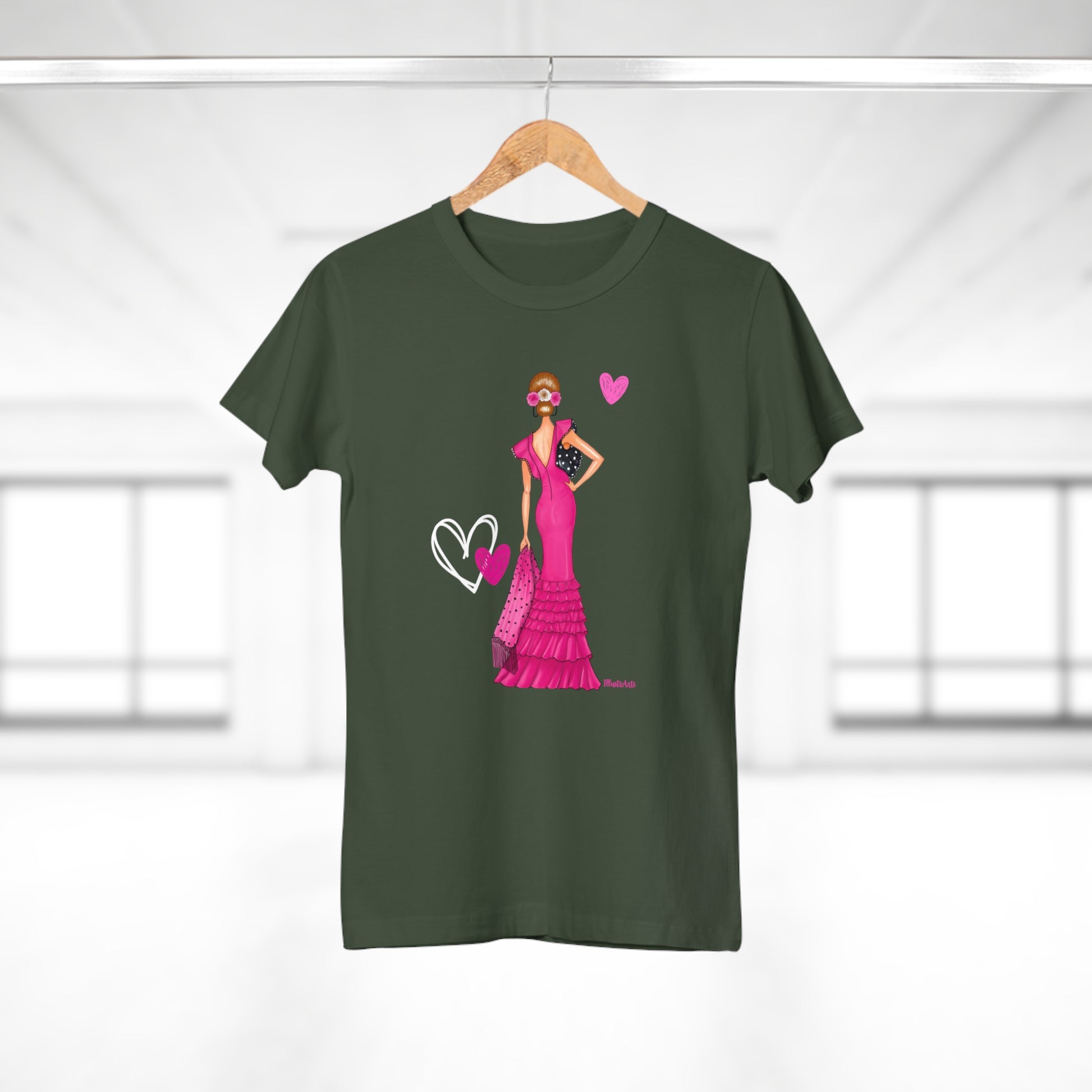 a t - shirt with a woman in a pink dress holding a heart