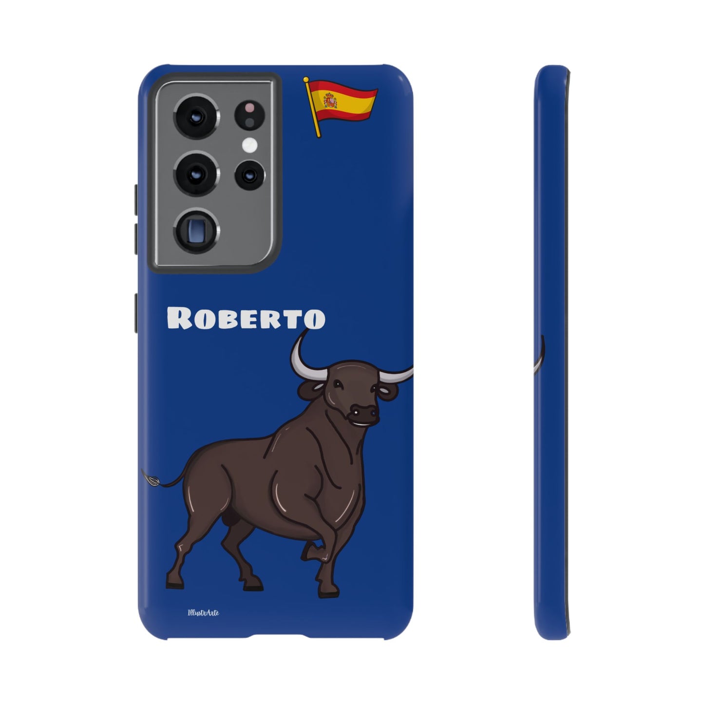 Primer plano de la funda personalizable con nombre/bandera/Virgen - Modelo Toro Roberto, detalle de su diseño.