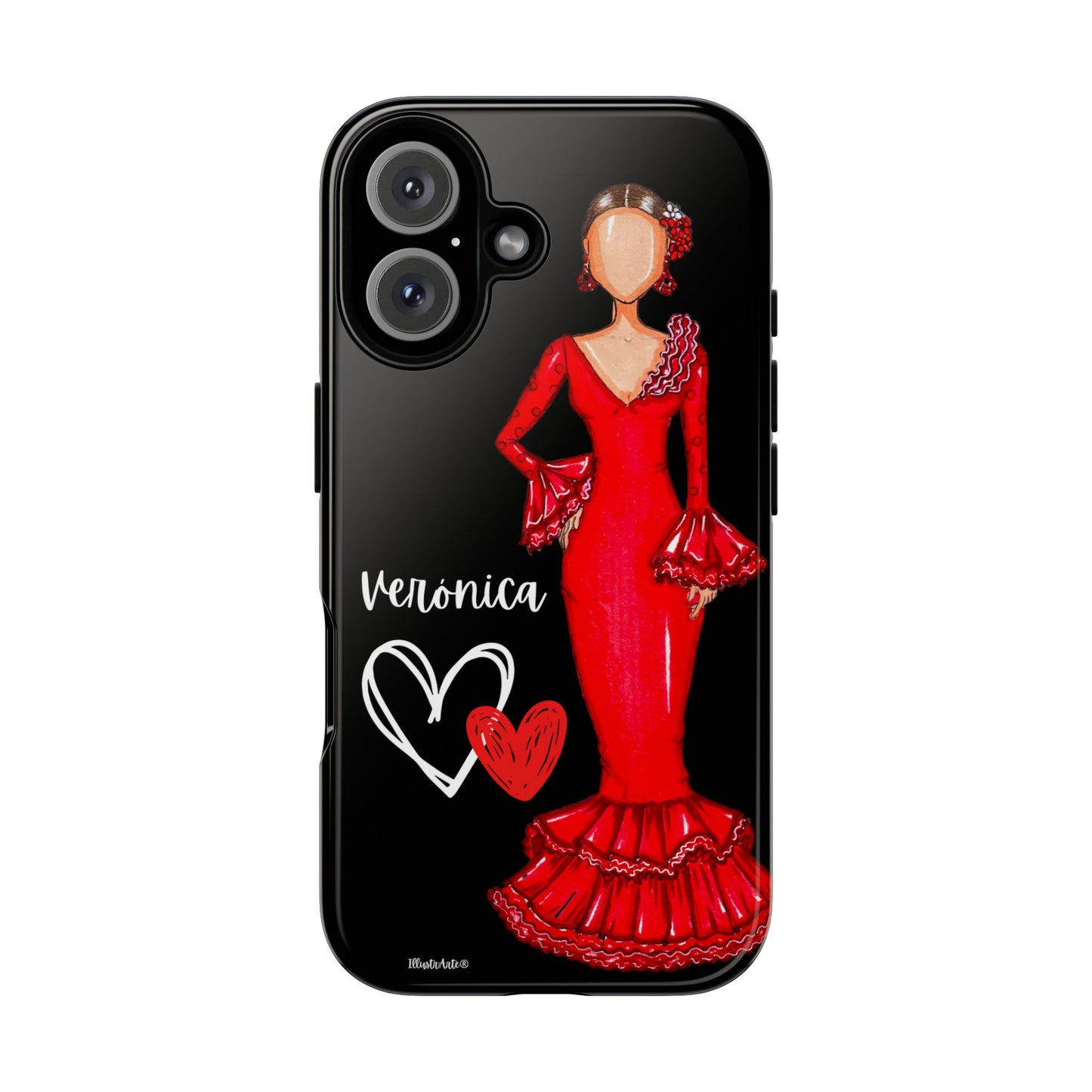 una funda de teléfono con una imagen de una mujer con un vestido rojo