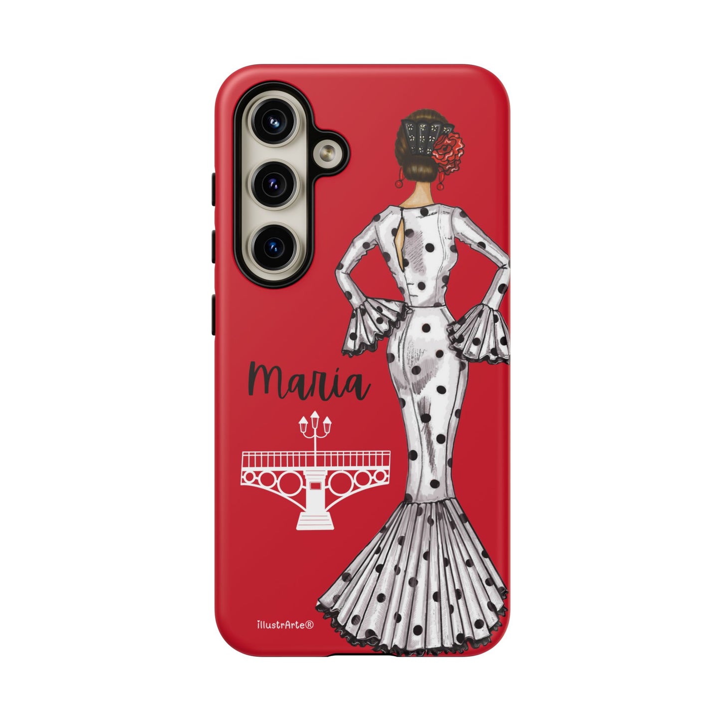 Fondo blanco mostrando la funda de teléfono personalizable, diseño de flamenca María, perfecta para dispositivos iPhone.