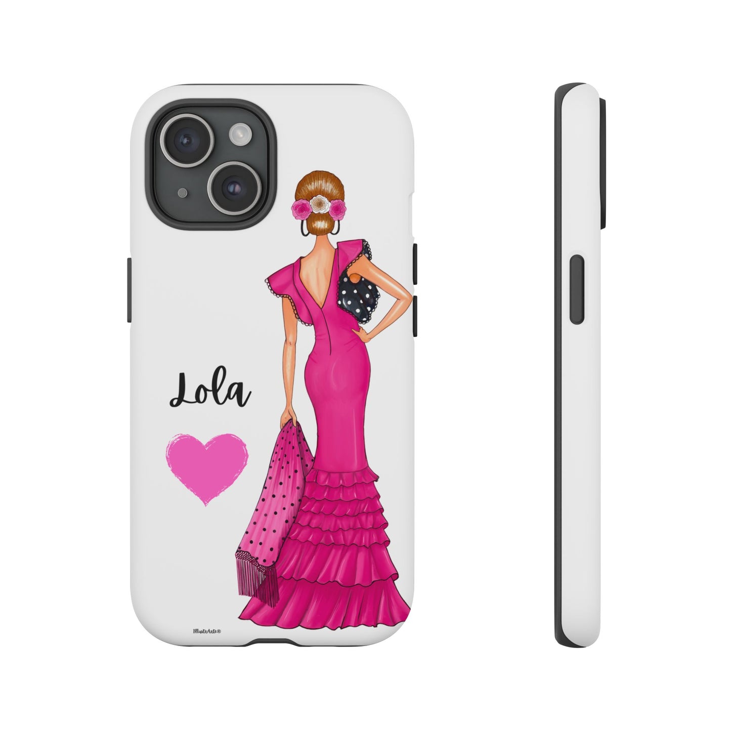 una funda para teléfono con una mujer en un vestido rosa