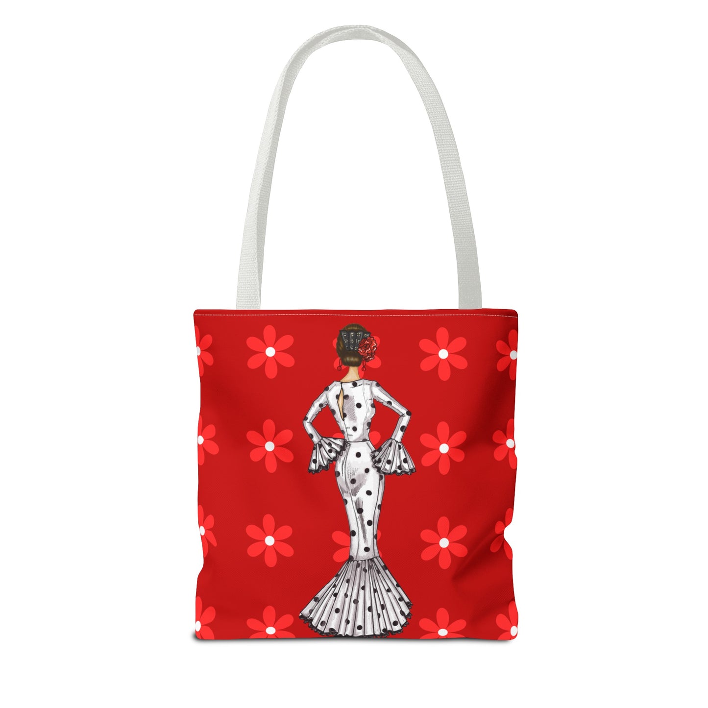 a red tote bag with a picture of a woman on it