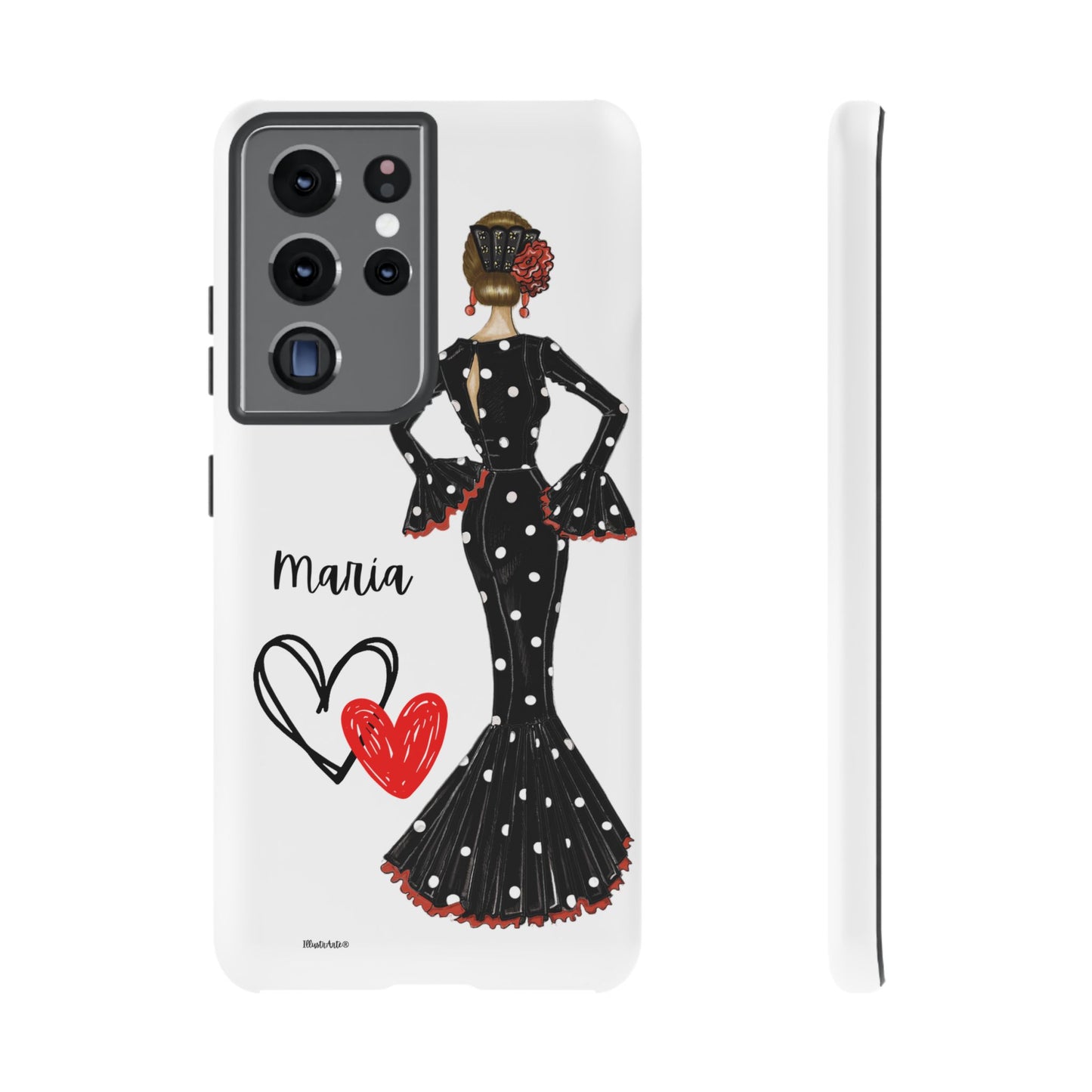 una funda para teléfono con una mujer en un vestido