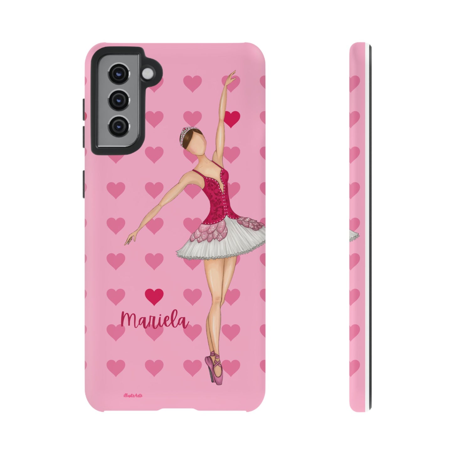 una funda de teléfono rosa con una bailarina en ella