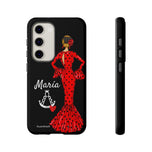 Personalised phone case flamenco dancer María, red dress, with a little Virgin Mary for Samsung Galaxy S23, gloss finish – illustrArte