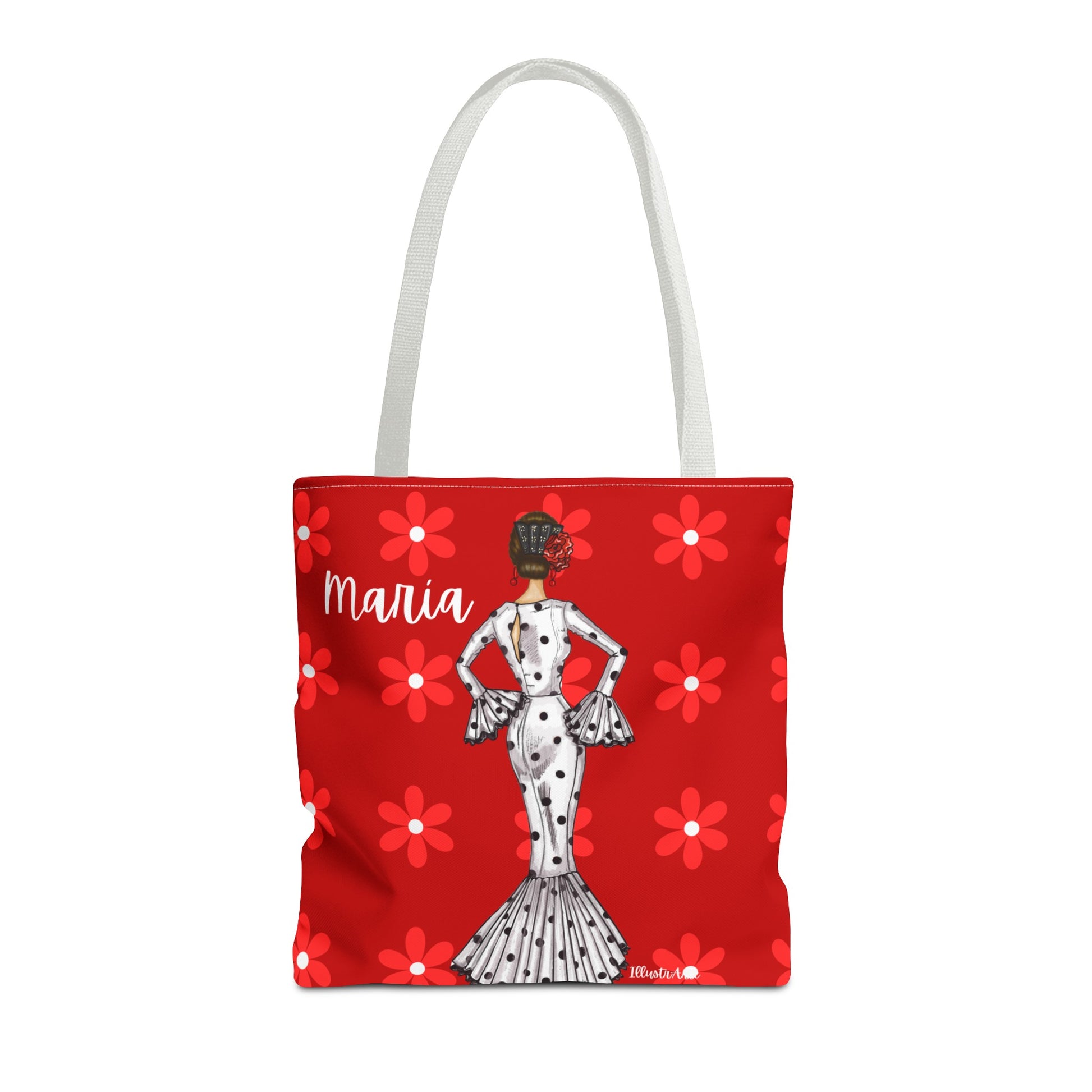 a red tote bag with a picture of a woman on it