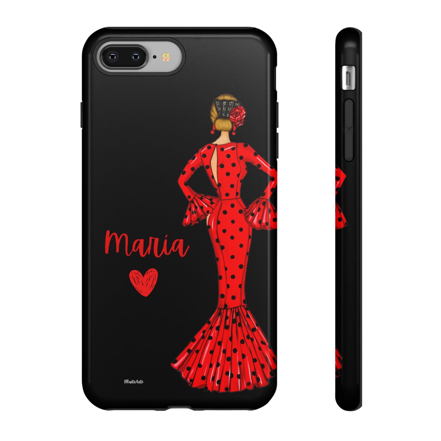 una funda de teléfono con una mujer en un vestido rojo