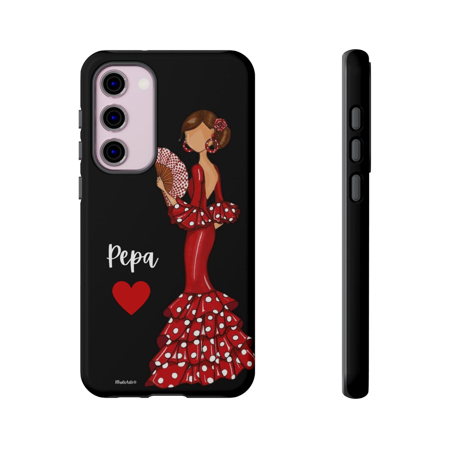 una funda de teléfono con una mujer en un vestido rojo