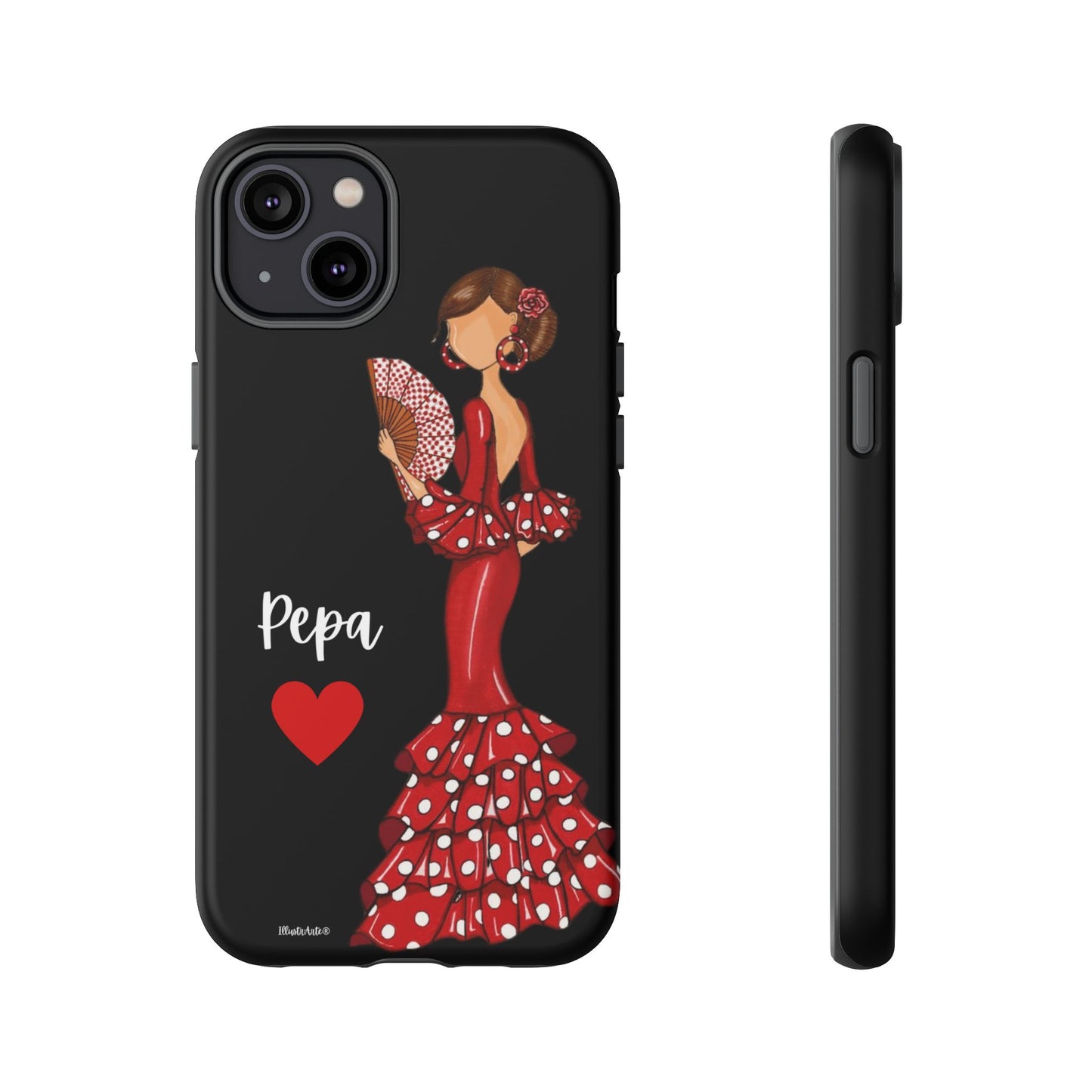 una funda de teléfono con una mujer en un vestido rojo sosteniendo un abanico