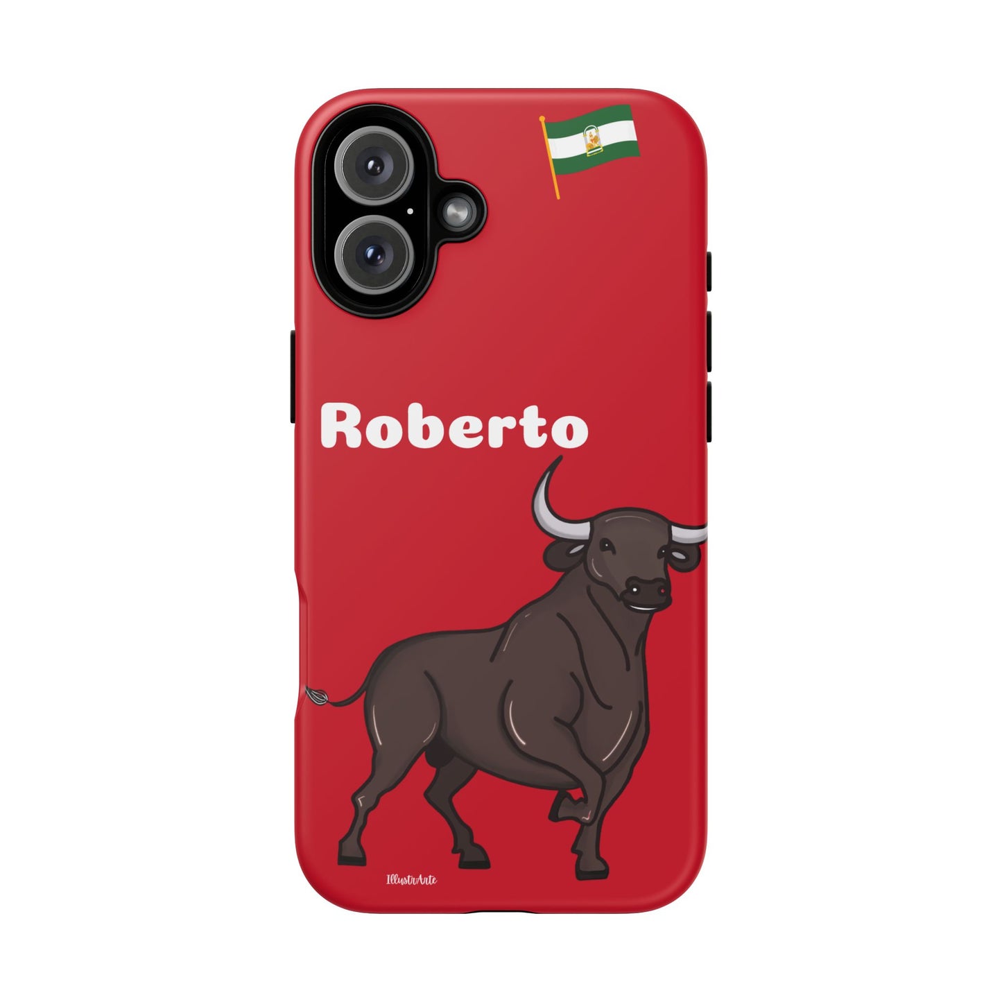 una funda de teléfono roja con un toro en ella