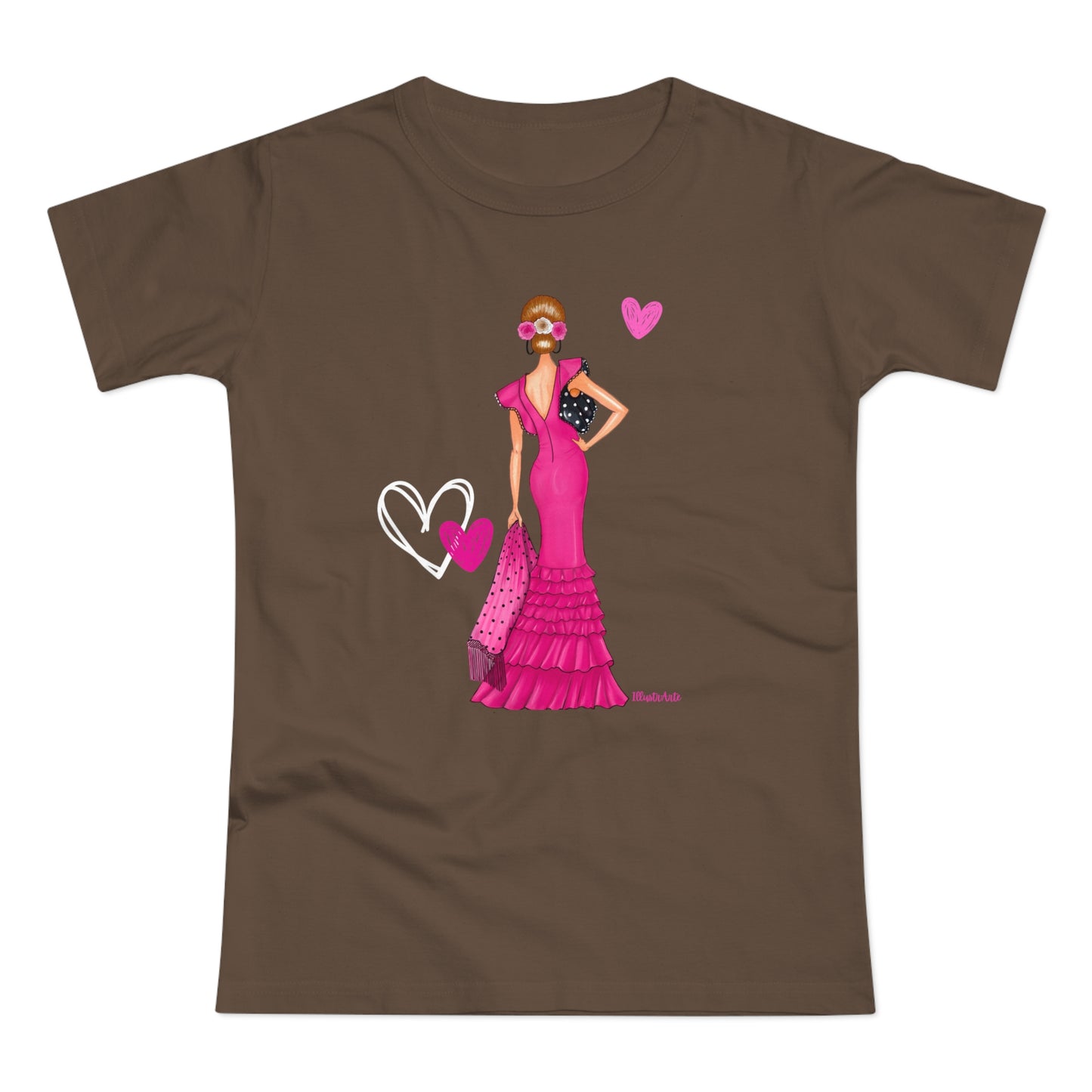 a women's t - shirt with a woman in a pink dress