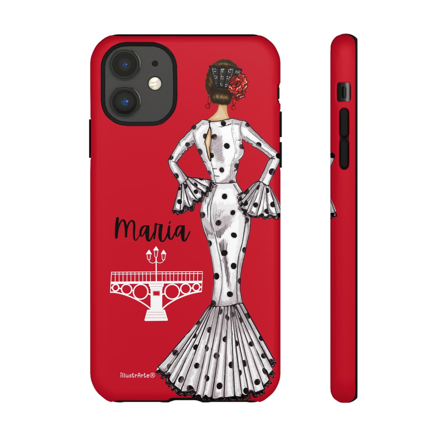 Vista frontal de la funda de teléfono personalizable con nombre y bandera, ilustración de flamenca María, diseñada para iPhone, Samsung y Google Pixel.